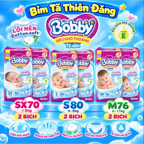 Giá sốc [ COMBO 2 BỊCH ] Tã Dán Bobby Chính Hãng SX70 S80 M76 – Mềm Mại, Thấm Hút Tốt, Khô Thoáng Cho Bé
