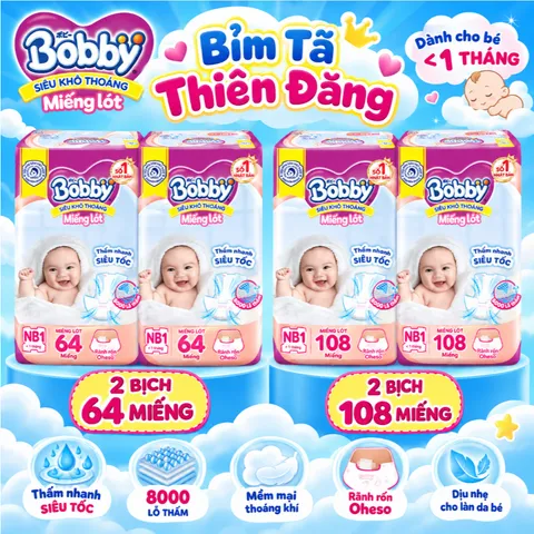 [ COMBO 2 BỊCH ] Miếng Lót Sơ Sinh Bobby Newborn 1 64 Miếng/108 Miếng – Miếng Lót Cho Bé Sơ Sinh Mềm Mại, Thấm Hút Tốt