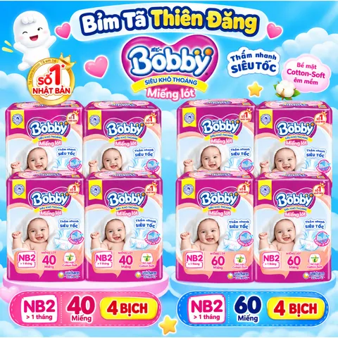 [ COMBO 4 BỊCH ] Miếng Lót Bobby Newborn 2 NB2 40 Miếng/60 Miếng Cho Bé Sơ Sinh, Mềm Mại Thấm Hút Tốt