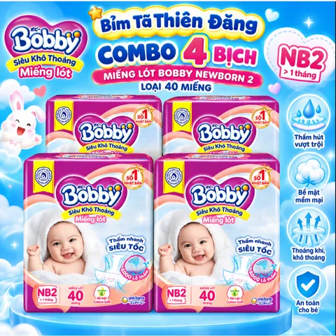 [ COMBO 4 BỊCH ] Miếng Lót Bobby Newborn 2 NB2 40 Miếng/60 Miếng Cho Bé Sơ Sinh, Mềm Mại Thấm Hút Tốt