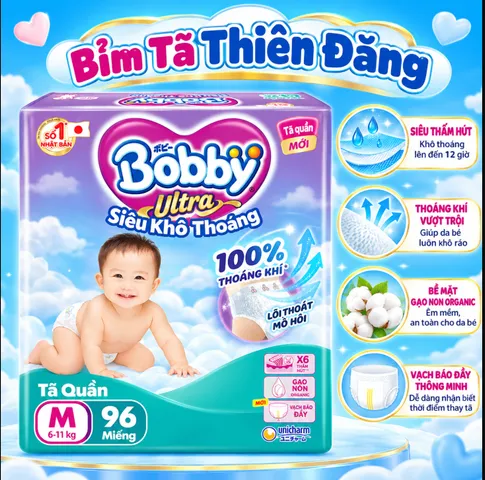 Tã Quần Bobby Ultra M96 L88 XL74 XXL68 – Bỉm Quần Cho Bé Mỏng Nhẹ, Thấm Hút Tốt