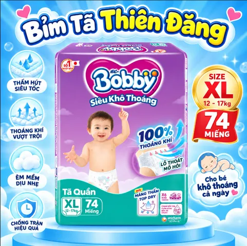 Tã Quần Bobby Ultra M96 L88 XL74 XXL68 – Bỉm Quần Cho Bé Mỏng Nhẹ, Thấm Hút Tốt