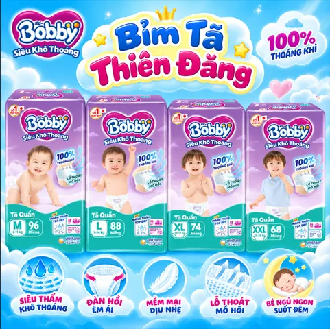 Tã Quần Bobby Ultra M96 L88 XL74 XXL68 – Bỉm Quần Cho Bé Mỏng Nhẹ, Thấm Hút Tốt