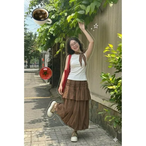 set áo ba lỗ phối chân váy nấm chất liệu gió nhăn bamboo,chân váy nâu dài phối bèo độc lạ năng động Hyday.khosi