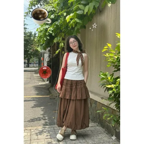 set áo ba lỗ phối chân váy nấm chất liệu gió nhăn bamboo,chân váy nâu dài phối bèo độc lạ năng động Hyday.khosi