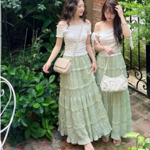 set chân váy xẻ tà tiểu thư xanh min phối áo trễ vai thất nơ dịu dàng Hyday.khosi