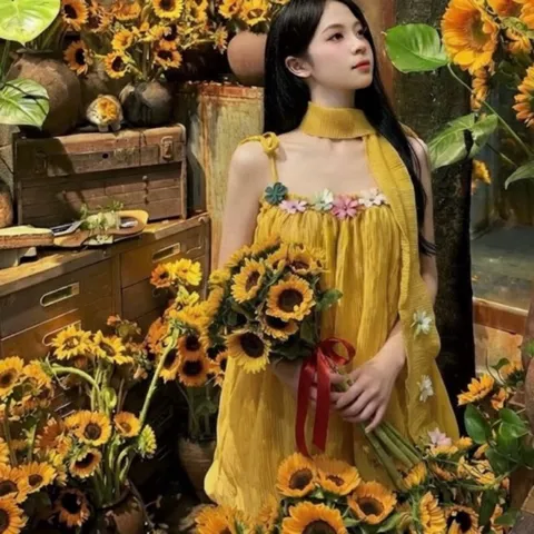 [tặng dây hoa] váy hai dây cột nơ dáng bí vàng chất liệu tơ mềm không dăm ngứa phối hoa nhiều màu sắc Hyday.khosi