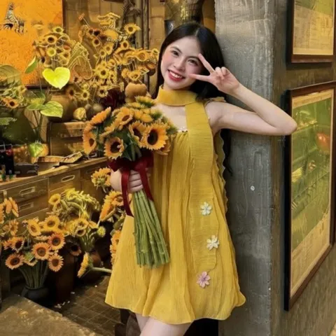 [tặng dây hoa] váy hai dây cột nơ dáng bí vàng chất liệu tơ mềm không dăm ngứa phối hoa nhiều màu sắc Hyday.khosi