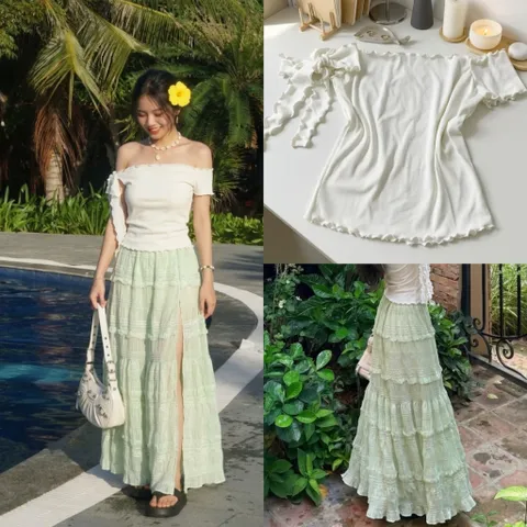 set chân váy xẻ tà tiểu thư xanh min phối áo trễ vai thất nơ dịu dàng Hyday.khosi