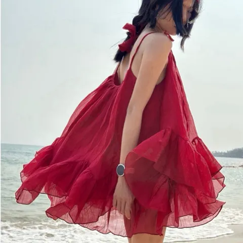 [tặng quần, dây nơ] váy hai dây cột nơ dáng bèo tầng, set hè đi biển chất tơ mềm Hyday.khosi