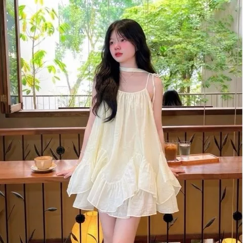 [tặng quần, dây nơ] váy hai dây cột nơ dáng bèo tầng, set hè đi biển chất tơ mềm Hyday.khosi