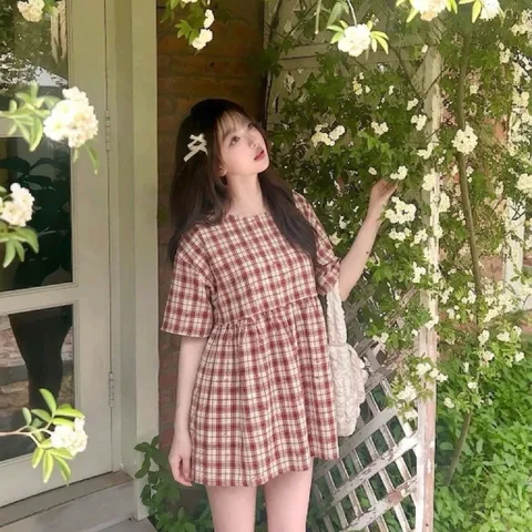 [tặng quần, tặng charm] Váy babydoll kẻ caro cao cấp đỏ hoa nhí chất liệu Tuytsi cao cấp mềm mát không nhăn Hyday.khosi