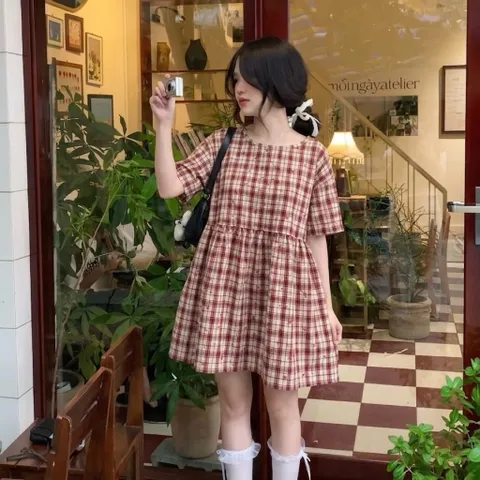 [tặng quần, tặng charm] Váy babydoll kẻ caro cao cấp đỏ hoa nhí chất liệu Tuytsi cao cấp mềm mát không nhăn Hyday.khosi
