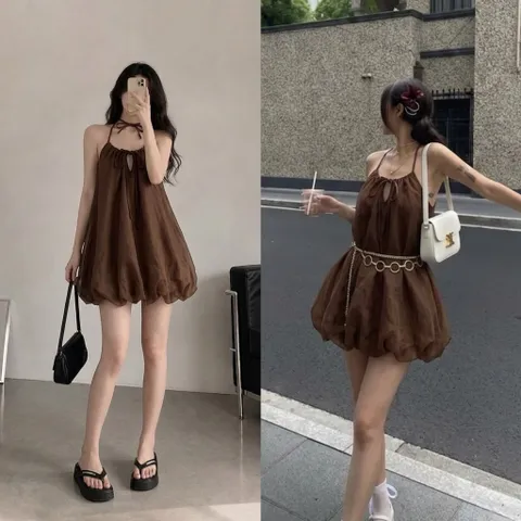 [tặng quần bảo hộ] Áo váy yếm hở lưng tơ mềm Áo babydoll nữ hở lưng cột nơ màu nâu rêu áo váy ngắn sexy Hyday.khosi