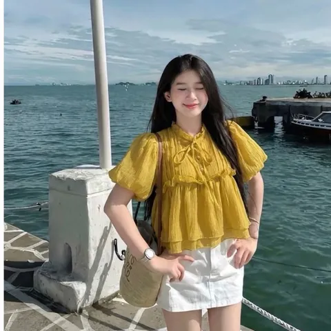 Áo babydoll nữ tay bồng phối bèo dễ thương chất vải tơ mềm mại không ngứa Hyday.khosi