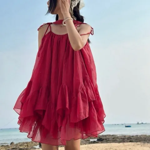 [tặng quần, dây nơ] váy hai dây cột nơ dáng bèo tầng, set hè đi biển chất tơ mềm Hyday.khosi