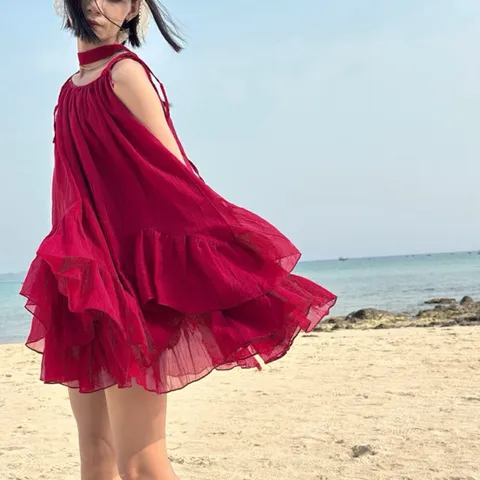 [tặng quần, dây nơ] váy hai dây cột nơ dáng bèo tầng, set hè đi biển chất tơ mềm Hyday.khosi
