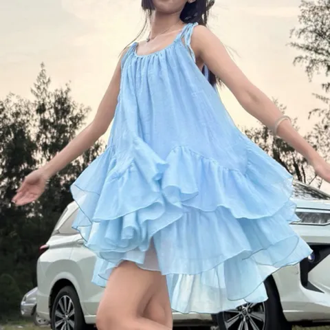 [tặng quần, dây nơ] váy hai dây cột nơ dáng bèo tầng, set hè đi biển chất tơ mềm Hyday.khosi