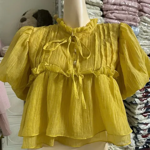 Áo babydoll nữ tay bồng phối bèo dễ thương chất vải tơ mềm mại không ngứa Hyday.khosi