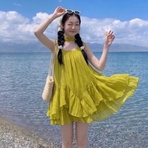 [tặng quần, dây nơ] váy hai dây cột nơ dáng bèo tầng, set hè đi biển chất tơ mềm Hyday.khosi