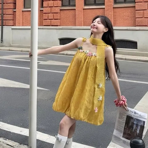 [tặng dây hoa] váy hai dây cột nơ dáng bí vàng chất liệu tơ mềm không dăm ngứa phối hoa nhiều màu sắc Hyday.khosi