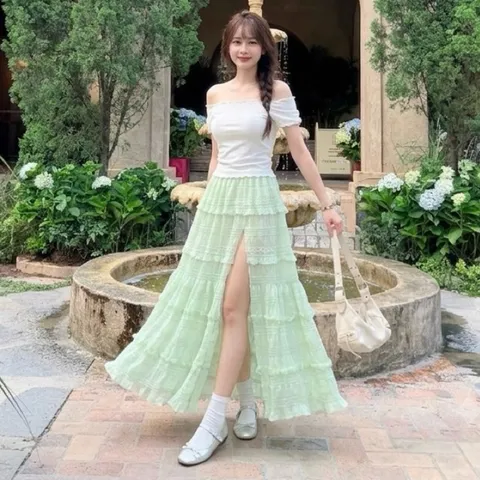 set chân váy xẻ tà tiểu thư xanh min phối áo trễ vai thất nơ dịu dàng Hyday.khosi