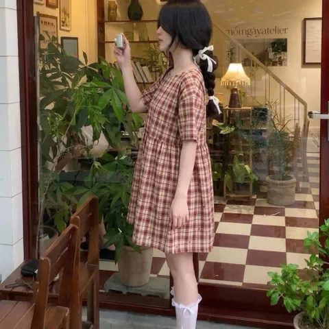 [tặng quần, tặng charm] Váy babydoll kẻ caro cao cấp đỏ hoa nhí chất liệu Tuytsi cao cấp mềm mát không nhăn Hyday.khosi