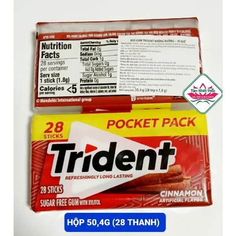 Kẹo gum Trident 50,4( 28 thanh) QUẾ không đường, hsd:12/2026