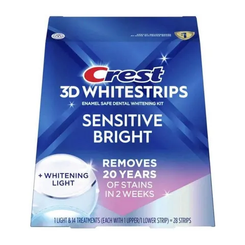 Crest 3D Whitestrips Sensitive Bright, bộ tẩy trắng răng an toàn cho men răng, loại bỏ vết ố trong 2 tuần, 28 miếng + đèn led