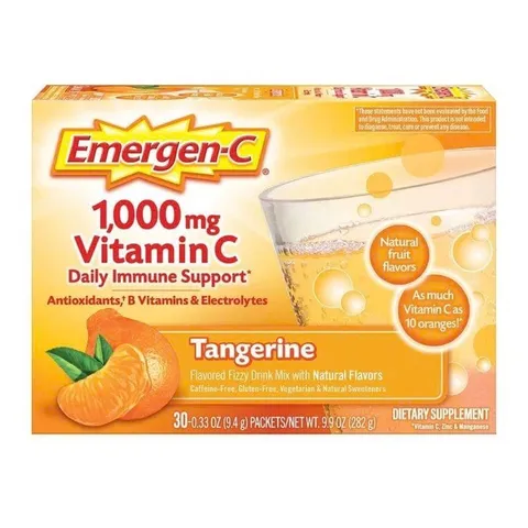 Emergen-C 1000mg Vitamin C hỗ trợ miễn dịch hàng ngày hương cam, hỗn hợp đồ uống sủi bọt hương tự nhiên, 30 gói