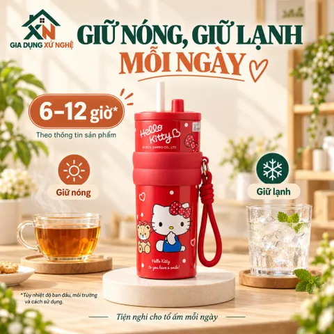 Bình giữ nhiệt 710ml Gia Dụng Xứ Nghệ inox 304 hoạ tiết dễ thương có quai xách tiện lợi