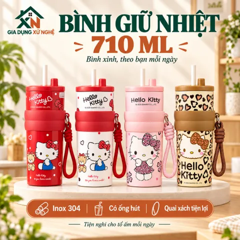 Bình giữ nhiệt 710ml Gia Dụng Xứ Nghệ inox 304 hoạ tiết dễ thương có quai xách tiện lợi