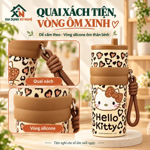 Bình giữ nhiệt 710ml Gia Dụng Xứ Nghệ inox 304 hoạ tiết dễ thương có quai xách tiện lợi