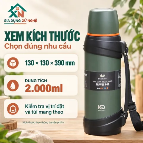 Bình Nước Giữ Nhiệt Gia Dụng Xứ Nghệ KD-938 Inox 304 Dung Tích 2L Quai Xách Tiện Lợi