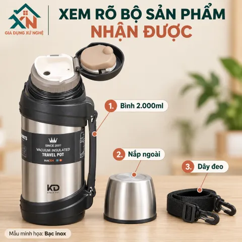 Bình Nước Giữ Nhiệt Gia Dụng Xứ Nghệ KD-938 Inox 304 Dung Tích 2L Quai Xách Tiện Lợi