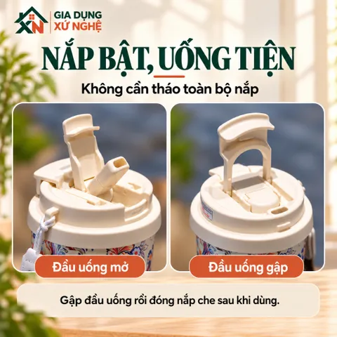 Ly giữ nhiệt Coffee Cup 530ml inox 316 Gia Dụng Xứ Nghệ quai xách kèm ống hút tiện dụng