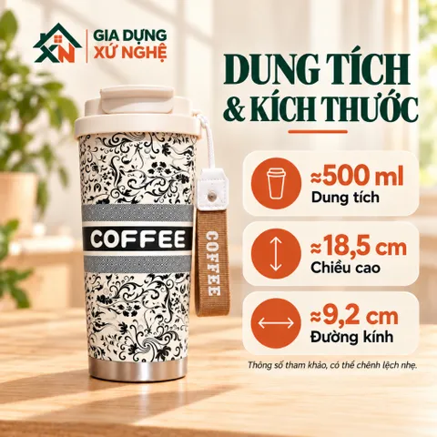 Ly giữ nhiệt Coffee Cup 530ml inox 316 Gia Dụng Xứ Nghệ quai xách kèm ống hút tiện dụng