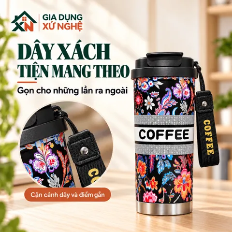Ly giữ nhiệt Coffee Cup 530ml inox 316 Gia Dụng Xứ Nghệ quai xách kèm ống hút tiện dụng