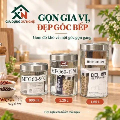 Hũ thủy tinh nắp inox Gia Dụng Xứ Nghệ đựng thực phẩm gia vị, kín hơi chống ẩm mốc