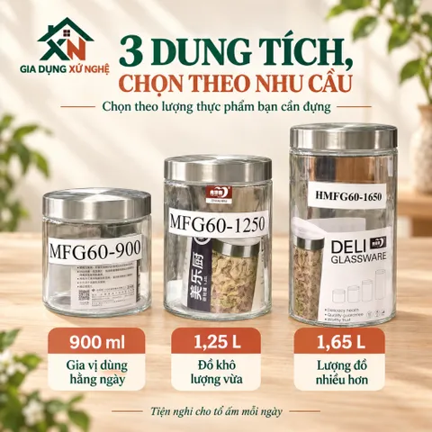 Hũ thủy tinh nắp inox Gia Dụng Xứ Nghệ đựng thực phẩm gia vị, kín hơi chống ẩm mốc