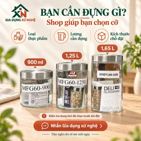 Hũ thủy tinh nắp inox Gia Dụng Xứ Nghệ đựng thực phẩm gia vị, kín hơi chống ẩm mốc