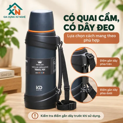 Bình Nước Giữ Nhiệt Gia Dụng Xứ Nghệ KD-938 Inox 304 Dung Tích 2L Quai Xách Tiện Lợi