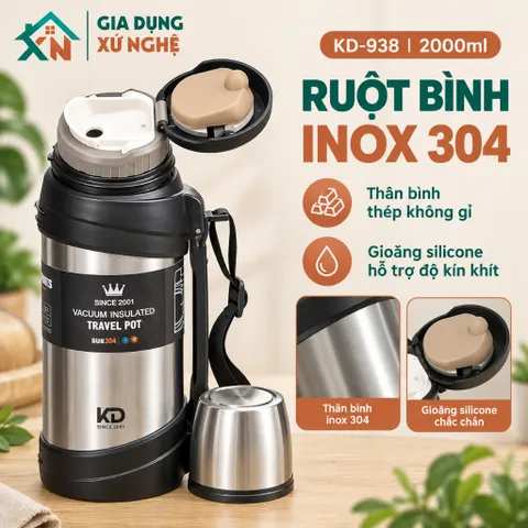 Bình Nước Giữ Nhiệt Gia Dụng Xứ Nghệ KD-938 Inox 304 Dung Tích 2L Quai Xách Tiện Lợi