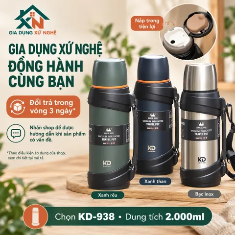 Bình Nước Giữ Nhiệt Gia Dụng Xứ Nghệ KD-938 Inox 304 Dung Tích 2L Quai Xách Tiện Lợi