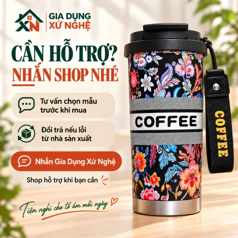 Ly giữ nhiệt Coffee Cup 530ml inox 316 Gia Dụng Xứ Nghệ quai xách kèm ống hút tiện dụng