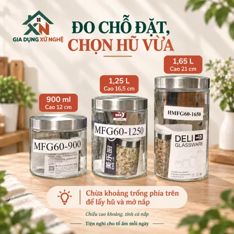 Hũ thủy tinh nắp inox Gia Dụng Xứ Nghệ đựng thực phẩm gia vị, kín hơi chống ẩm mốc