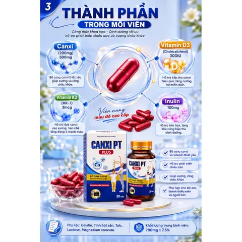 Tăng Chiều Cao Cho Mọi Lứa Tuổi - Viên uống Canxi PT PLUS hộp 30 viên, nguyên liệu nhập khẩu từ Pháp
