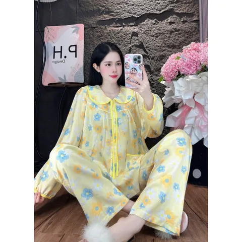 Bộ đồ tole nữ cổ lá sen tay dài quần dài mặc nhà, Đi chợ, form rộng vải mát