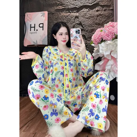 Bộ đồ tole nữ cổ lá sen tay dài quần dài mặc nhà, Đi chợ, form rộng vải mát