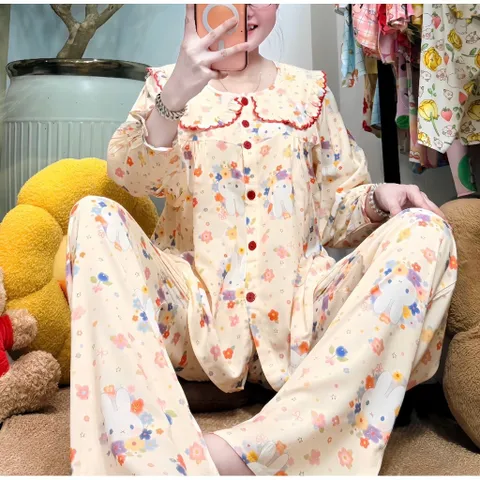 Đồ Bộ Tole Nữ Mặc Nhà Tay Dài Cổ Lá Sen Thêu Viền, Họa Tiết Gấu, Cổ Tay Bo Chun